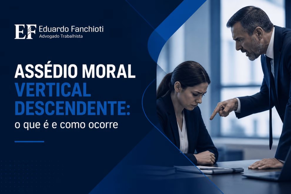 Representação da dinâmica de assédio moral vertical descendente: chefe posicionado acima de um subordinado em uma estrutura hierárquica, simbolizando a humilhação por abuso de poder