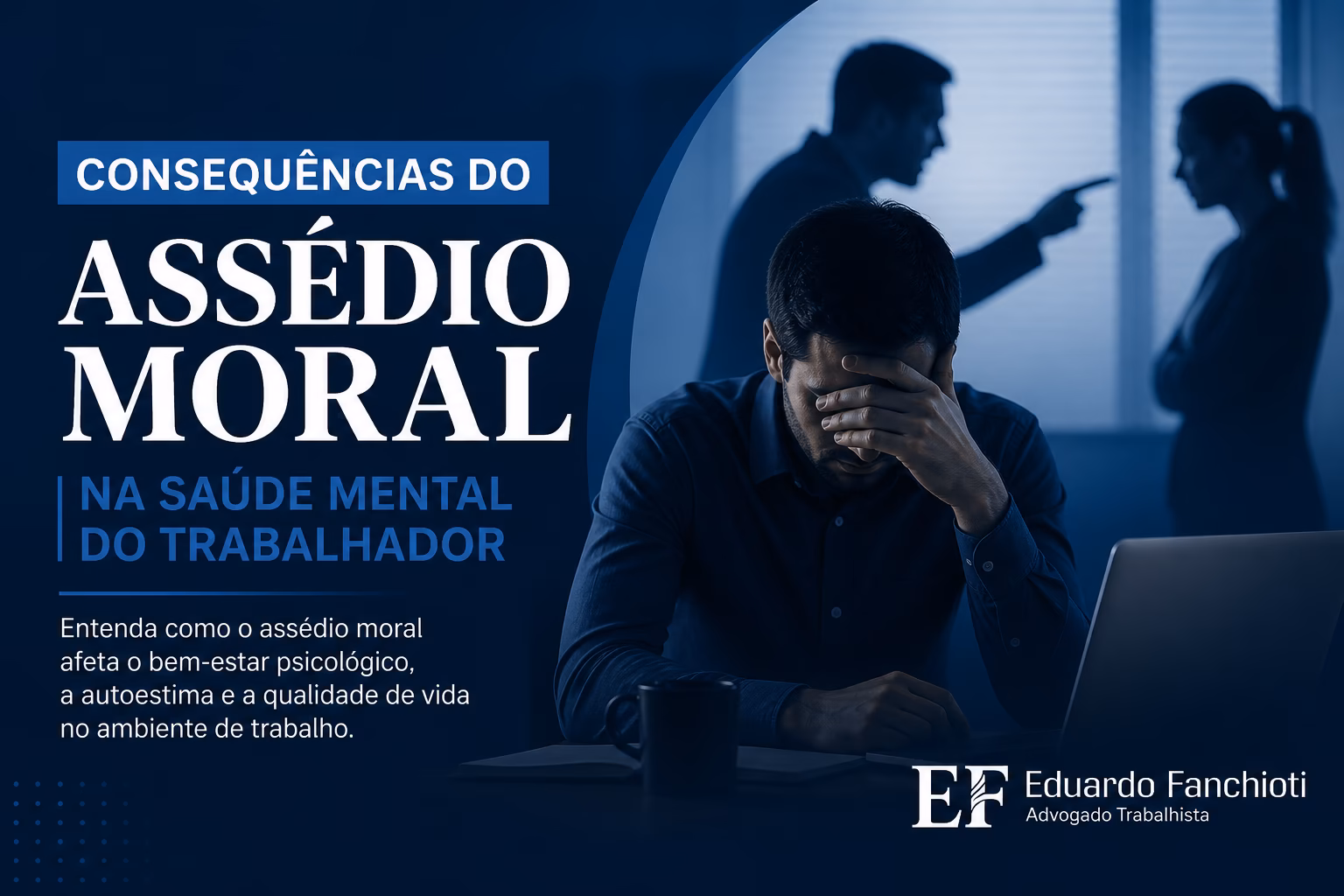 Representação visual de sintomas psicológicos e físicos do assédio moral: ansiedade, insônia, tristeza e tensão corporal no ambiente de trabalho