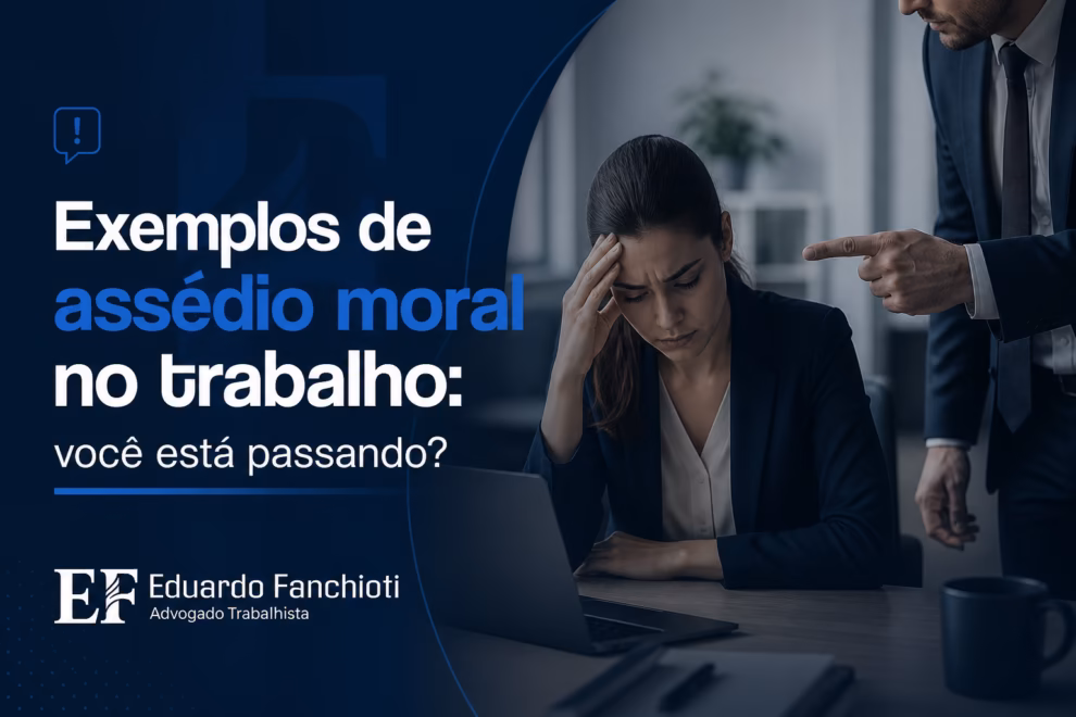 Ilustração mostrando exemplos de situações de assédio moral no trabalho, como isolamento, humilhação e sobrecarga de tarefas em ambiente corporativo