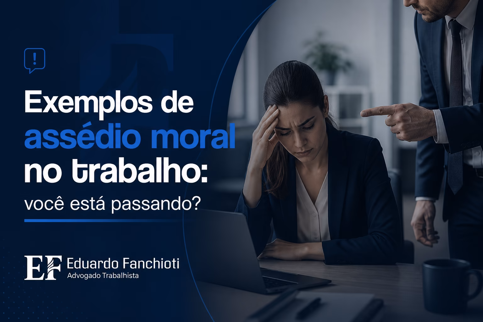 Ilustração mostrando exemplos de situações de assédio moral no trabalho, como isolamento, humilhação e sobrecarga de tarefas em ambiente corporativo