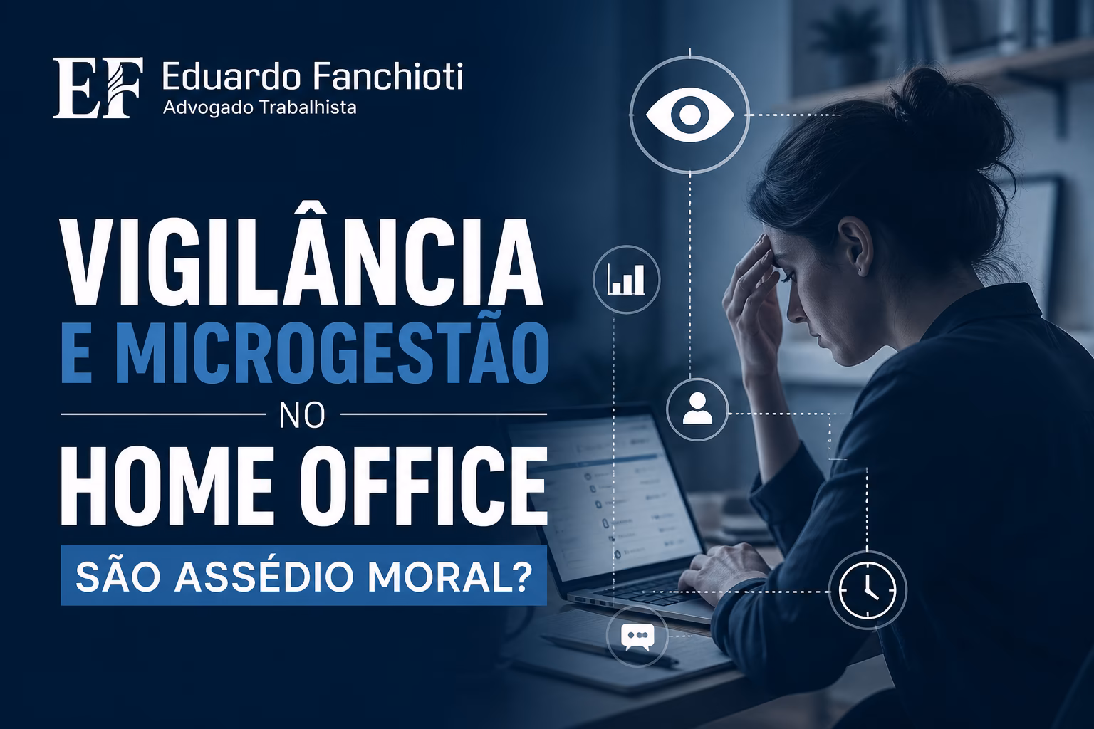 Trabalhador em home office com notebook da empresa, cercado de elementos de monitoramento: ícones de câmera, localização GPS e gráficos de produtividade